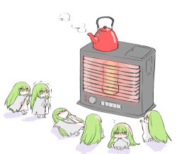 6+others chibi closed_eyes cold commentary_request enkidu_(fate) fate/strange_fake fate_(series) heater himeko_(nico6v6pachi) kettle lying multiple_others multiple_persona on_back other_focus pushing robe sitting snot steam trembling white_robe