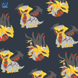 animal_focus artist_logo artist_name black_sclera closed_mouth colored_sclera commentary_request full_body gen_4_pokemon giratina giratina_(altered) giratina_(origin) legendary_pokemon logo looking_to_the_side nintendo no_humans open_mouth patterned pokemon pokemon_(creature) red_eyes simple_background smile solo standing yuki00yo