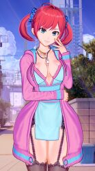 1girl 3d blue_eyes cloud collar digimon digimon_story:_cyber_sleuth female_focus hair_ornament hairpin jacket long_hair red_hair shiramine_nokia sky solo twintails