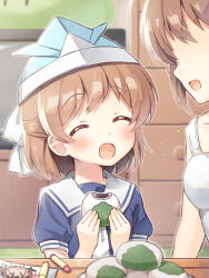 Rule 34 | 2girls, blue dress, brown hair, clannad, closed eyes, crayon, dress, eating, food, furukawa nagisa, haruchimo, highres, mochi, mother and daughter, multiple girls, okazaki ushio, paper hat, paper kabuto, sailor collar, sailor dress, sakura mochi, school uniform, serafuku, short hair, solo focus, television, wagashi, white dress, white sailor collar