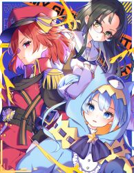 3girls black_hair blue_eyes blue_hair blush bow glasses green_eyes hair_ornament hat highres hood kujo_kaede long_hair long_sleeves looking_at_viewer multiple_girls ongeki ousaka_akane red_eyes red_hair sanasanayukikuni short_hair smile star_(symbol) suzushima_arisu