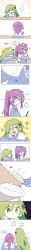 16personalities 2girls ? absurdres animal_ears blue_jacket blush cat_ears cat_tail chinese_text closed_eyes flower glasses green_eyes green_hair highres jacket logician_(16personalities) long_hair long_image mediator_(16personalities) morse_code mouyimouyi multiple_girls open_mouth purple_eyes purple_hair sidelocks simple_background smile speech_bubble sweat tail tall_image translation_request very_long_hair yellow_background yuri