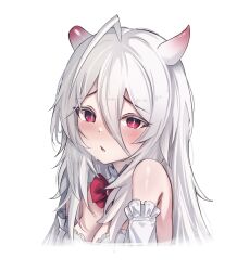 1girl absurdres bare_shoulders bow breasts cleavage detached_sleeves dress frilled_sleeves frills highres horns large_breasts long_hair looking_at_viewer open_mouth original pink_eyes red_bow schuld_second simple_background solo white_background white_dress white_hair white_sleeves