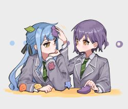 2girls :/ arm_rest bang_dream! bang_dream!_it&#039;s_mygo!!!!! black_ribbon blazer blue_hair blush buttons center-flap_bangs closed_mouth collared_shirt crossed_bangs diagonal-striped_clothes diagonal-striped_necktie elbow_rest eye_contact green_ribbon grey_jacket hair_ribbon hand_on_another&#039;s_head hand_on_own_cheek hand_on_own_face hand_up haneoka_school_uniform head_rest jacket lapels long_sidelocks long_sleeves looking_at_another looking_to_the_side multiple_girls necktie object_on_arm object_on_head one_side_up orange_eyes picking_up purple_hair ribbon school_uniform shiny_sung shirt short_hair side-by-side sidelocks simple_background sticky_note striped_clothes striped_necktie striped_ribbon takamatsu_tomori togawa_sakiko two-tone_ribbon upper_body white_background white_shirt winter_uniform yellow_eyes