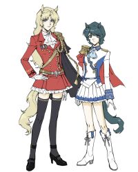 2girls animal_ears ascot black_thighhighs blonde_hair blue_eyes blue_hair boots capelet char_aznable commentary_request ear_ornament epaulettes full_body genderswap genderswap_(mtf) gundam hand_on_own_hip highres horse_ears horse_girl horse_tail jacket kamille_bidan knee_boots long_hair long_sleeves looking_at_viewer multiple_girls parody red_jacket red_skirt scar scar_on_face scar_on_forehead shanh36872 short_hair side_cape simple_background skirt standing tail thighhighs umamusume white_background white_jacket white_skirt zeta_gundam