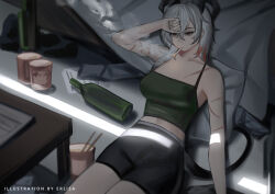 1girl absurdres alternate_costume arm_up artist_name bare_shoulders bed bedroom black_horns black_shorts black_tail bottle camisole commentary cup_ramen curled_horns demon_tail english_commentary erlisa_takanashi green_camisole grey_hair hair_between_eyes half-closed_eyes highres horns indoors lying midriff multicolored_hair on_back paper pillow red_eyes scar shorts smoking solo streaked_hair tail wuthering_waves zani_(wuthering_waves)