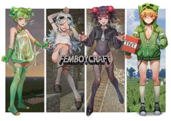 4boys anger_vein arms_up black_footwear black_hair black_lips black_one-piece_swimsuit black_sailor_collar black_serafuku black_socks blouse blue_nails blush chawanmushi_(steamedeggz) chinese_commentary collar commentary_request covered_navel creeper cropped_shirt detached_sleeves elbow_gloves english_text engrish_text explosive fang fingerless_gloves fingernails full_body game_screenshot_background gloves grass green_eyes green_gloves green_hair green_jacket green_legwear green_lips green_panties green_shirt grey_eyes grey_hair grey_legwear grey_sleeves hair_ornament hand_in_pocket horse_(minecraft) jacket kneehighs long_fingernails long_hair looking_at_viewer male_focus minecraft multiple_boys nail_polish naked_jacket no_shoes one-piece_swimsuit open_mouth orange_eyes orange_hair panties panty_pull parted_lips railroad_tracks ranguage red_eyes red_nails rubbing_eyes sailor_collar school_swimsuit school_uniform screenshot_background see-through_clothes see-through_shirt serafuku sharp_fingernails sheep_(minecraft) shirt shoes short_hair silk silverfish_(minecraft) skin_fang sleep_mask sleeveless sleeveless_shirt slime_(minecraft) slime_(substance) socks spider_(minecraft) spider_web swimsuit tank_top thighhighs tnt tnt_block_(minecraft) toeless_legwear trap tree underwear white_background white_legwear white_tank_top zipper_pull_tab