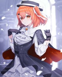 1girl a.i._voice adachi_rei alternate_costume arched_window aristocratic_clothes ascot belt black_belt black_cape black_gloves black_hat blush boater_hat brooch buttons cape chain chain_necklace chest_belt collared_dress commentary_request cross cross_necklace dress falling_petals flat_chest floating_hair gloves grey_background hair_ornament hairclip hand_on_own_chest hands_up hat hat_ribbon highres indoors jewelry layered_dress long_sleeves looking_at_viewer mochiro_chio necklace parted_lips petals red_cape ribbon short_cape side_ponytail solo two-tone_cape upper_body utau white_dress white_ribbon window wing_collar