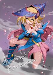 1girl absurdres bare_shoulders blonde_hair blue_boots blush boots breasts cleavage dark_magician_girl duel_monster hair_between_eyes hand_on_own_chest hat highres large_breasts long_hair looking_at_viewer open_mouth reaching reaching_towards_viewer red_nails sawa_d solo thighs torn_clothes witch witch_hat yellow_eyes yu-gi-oh!