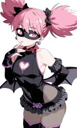1girl absurdres bare_shoulders black_leotard black_mask boku_no_hero_academia breasts clothing_cutout detached_sleeves earrings eye_mask finger_to_mouth gloves haneyama_kazuho heart heart_cutout highres jewelry leotard looking_to_the_side low_wings mask open_mouth pantyhose pink_eyes pink_hair pink_trim skirt solo sphere_earrings superhero_costume thighhighs twintails user_hczd7325 vigilante_-boku_no_hero_academia:_illegals- white_background wings