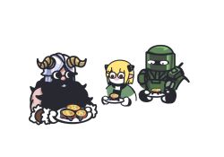 1boy 1girl arknights beard cropped_torso crossover deformed dungeon_meshi dwarf facial_hair fake_horns helmet holding holding_plate horned_helmet horns kotcate long_beard looking_at_another mustache originium_slug_(arknights) plate senshi_(dungeon_meshi) solid_circle_eyes surprised tachanka_(rainbow_six_siege) thick_mustache vanilla_(arknights) very_long_beard white_background wide-eyed