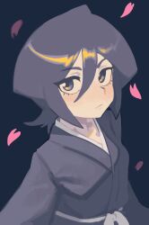 1girl absurdres black_hair bleach blue_background commentary english_commentary hair_between_eyes highres japanese_clothes kuchiki_rukia piku184 pink_petals shihakusho short_hair simple_background solo