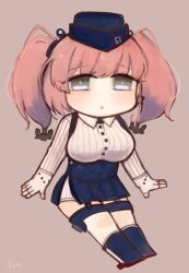 Rule 34 | 1girl, anchor hair ornament, atlanta (kancolle), black hat, breasts, brown hair, chibi, collared shirt, dress shirt, earrings, full body, fuzino, garrison cap, garter straps, gloves, grey background, grey eyes, hair ornament, hat, high-waist skirt, highres, jewelry, kantai collection, large breasts, long hair, long sleeves, partially fingerless gloves, shirt, simple background, skirt, solo, star (symbol), star earrings, striped clothes, striped shirt, suspender skirt, suspenders, thigh strap, two side up, white shirt
