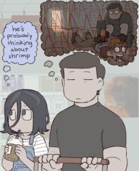 1other 2boys absurdres angel_martinez basement blood brandon_hoff clinical_trial_(game) coffee drill drinking guro highres holding_power_drill homunculus100 injury jitome lee_smith multiple_boys murder open_mouth pants spoilers toon_(style)