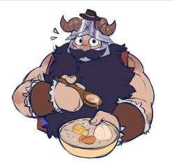 1boy beard brown_hair cropped_torso dungeon_meshi dwarf facial_hair fake_horns food hat helmet holding holding_spoon horned_helmet horns incoming_food large_hands long_beard looking_at_viewer male_focus mini_hat muscular muscular_male mustache notice_lines senshi_(dungeon_meshi) solo soup spoon thick_mustache tomoesinferno unfinished very_long_beard