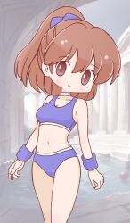 1girl arle_nadja arm_warmers bikini blue_bikini blush breasts brown_eyes brown_hair choker compile hakunetsu!_puyolympic! highres mabonasu6 madou_monogatari medium_breasts medium_hair ponytail puyopuyo sega smile solo sports_bikini swimsuit