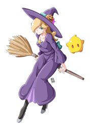 Rule 34 | 1girl, alternate costume, artist logo, automatic giraffe, blonde hair, blue eyes, brooch, broom, broom riding, collarbone, dress, dress ribbon, earrings, full body, hair over one eye, hat, high heels, highres, jewelry, light smile, logo, long sleeves, luma (mario), mario (series), mario kart, mario kart tour, nintendo, official alternate costume, parted bangs, pumpkin hat ornament, purple dress, purple hat, rosalina, rosalina (halloween), shoes, simple background, sitting, star (symbol), star brooch, star earrings, white background, white shoes, witch, witch hat