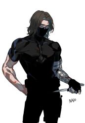 Rule 34 | 1boy, absurdres, black bodysuit, black gloves, black mask, blood, blood on arm, blood on face, bodysuit, brown hair, bucky barnes, captain america: the winter soldier, captain america (series), colored inner hair, commentary request, covered collarbone, covered mouth, cowboy shot, dagger, fingerless gloves, gloves, green hair, hand on own hip, highres, holding, holding dagger, holding knife, holding weapon, karmaho, knife, korean commentary, looking afar, male focus, marvel, marvel cinematic universe, mask, mouth mask, multicolored hair, muscular, muscular male, prosthesis, prosthetic arm, purple eyes, short hair, simple background, single glove, solo, standing, twitter username, weapon, white background, winter soldier