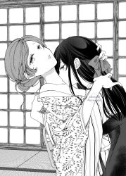 2girls bare_shoulders breasts commentary_request greyscale hair_bun hair_ribbon hand_on_another&#039;s_head hashtag-only_commentary highres japanese_clothes kimono kimono_pull kiss kissing_neck long_hair looking_at_viewer medium_breasts mole mole_under_eye monochrome multiple_girls original parted_lips ribbon sheepd shouji single_hair_bun sliding_doors upper_body yuri