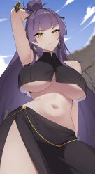 1girl absurdres aria_(epic_seven) arm_up armpits bare_shoulders black_shirt black_skirt blue_sky blunt_bangs breasts chym39 closed_mouth cloud commentary cowboy_shot crop_top crop_top_overhang day epic_seven frown hair_bun hair_ornament hair_stick highres large_breasts long_hair long_skirt looking_at_viewer navel official_alternate_costume purple_hair shirt side_slit sidelocks skirt sky sleeveless sleeveless_shirt solo standing stomach underboob very_long_hair yellow_eyes
