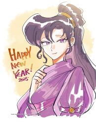 1girl 3025 absurdres airagency1005 animification brown_hair dress eyeshadow happy_new_year hercules_(1997_movie) highres japanese_clothes kimono long_hair looking_at_viewer makeup megara_(disney) new_year ponytail purple_dress purple_eyes smile solo very_long_hair