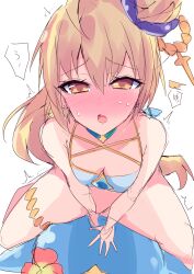 1girl ahoge blonde_hair blush breasts covered_penetration eyelashes highres himiya_jouzu masturbation medium_breasts metatron_(monster_stirke) monster_strike sketch solo speech_bubble sweat yellow_eyes
