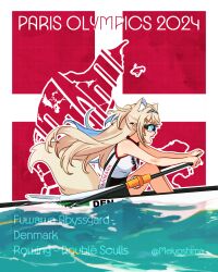 1girl 2024_summer_olympics absurdres alternate_costume animal_ear_fluff animal_ears blonde_hair blue_hair blue_hairband boat character_name commentary danish_flag danish_text denmark dog_ears dog_girl dog_tail english_commentary english_text fuwawa_abyssgard glasses hair_ornament hairband hairclip highres hololive hololive_english long_hair meiyoshima multicolored_hair oar olympics rowboat rowing shorts sleeveless streaked_hair sunglasses tail two_side_up virtual_youtuber water watercraft
