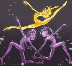 Rule 34 | 3others, alternate hairstyle, amethyst (houseki no kuni), arm up, arms up, blonde hair, bob cut, braid, closed eyes, closed mouth, colored skin, completely nude, dancing, facing up, frown, full body, gem, glint, hair down, highres, houseki no kuni, jumping, looking up, multiple others, nude, nukumorineko, on one knee, other focus, outstretched arms, plantar flexion, profile, purple gemstone, purple hair, purple skin, short hair, side braid, single braid, smile, sparkle, spread legs, standing, standing on one leg, translucent hair, twitter username, yellow diamond (houseki no kuni), yellow gemstone, yellow skin