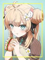 1girl :t ahoge animal_ear_fluff animal_ears apron aqua_eyes black_ribbon blonde_hair blue_background blue_necktie blush braid braided_bangs braided_bun brown_shirt burger closed_mouth collared_shirt double_bun eating flower food food_on_face green_eyes green_necktie hair_bun hair_flower hair_ornament hair_ribbon highres holding holding_food hot_dog lettuce long_hair looking_at_viewer manuka_(vrchat) momo19990101 necktie ribbon sandwich shirt short_sleeves solo striped_clothes striped_shirt tomato twintails twitter_username upper_body vertical-striped_clothes vertical-striped_shirt vrchat white_flower