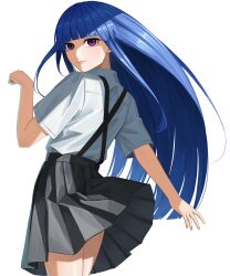 Rule 34 | 1girl, absurdres, black skirt, blue hair, blunt bangs, collared shirt, furude rika, highres, higurashi no naku koro ni, long sidelocks, looking at viewer, looking back, nemo ringo, purple eyes, school uniform, shirt, sidelocks, skirt, solo, st. lucia academy school uniform, suspender skirt, suspenders, white shirt