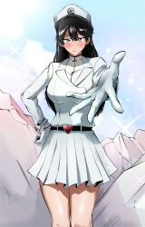 1girl :| absurdres bambietta_basterbine belt black_belt black_hair bleach bleach:_sennen_kessen-hen blush breasts closed_mouth collared_jacket commentary cowboy_shot day double-parted_bangs film_grain foreshortening gloves hair_between_eyes hand_on_own_hip hat heart_belt highres jacket korean_commentary large_breasts long_hair long_sleeves looking_at_viewer military_hat miniskirt outdoors outstretched_hand pleated_skirt reaching reaching_towards_viewer rubble shirt skirt skkkkkk12 solo sparkle straight-on tsurime v-shaped_eyebrows white_gloves white_hat white_jacket white_shirt white_skirt yellow_eyes