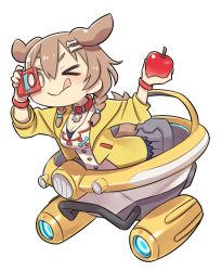 &gt;_o 1girl animal_collar animal_ears apple bone_hair_ornament braid breasts brown_eyes brown_hair cleavage coat collar dog_ears dog_girl dog_tail dress food fruit hair_between_eyes hair_ornament highres hololive inugami_korone inugami_korone_(1st_costume) medium_breasts new_pokemon_snap nintendo one_eye_closed pokemon pokemon_snap solo tail tongue tongue_out transparent_background twin_braids virtual_youtuber white_dress yellow_coat yoshida_on