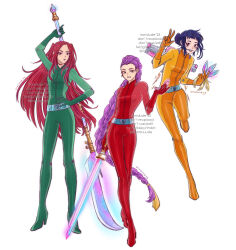 3girls absurdres alex_(totally_spies) alex_(totally_spies)_(cosplay) blue_hair bodysuit braid clover_(totally_spies) clover_(totally_spies)_(cosplay) commentary cosplay crossover english_commentary full_body glaive_(polearm) green_bodysuit hair_bun highres holding holding_polearm holding_sword holding_weapon ironduuude kpop_demon_hunters long_hair looking_at_viewer mira_(kpop_demon_hunters) multiple_girls polearm purple_hair red_bodysuit red_hair rumi_(kpop_demon_hunters) sam_(totally_spies) sam_(totally_spies)_(cosplay) simple_background sword totally_spies weapon white_background yellow_bodysuit zoey_(kpop_demon_hunters)