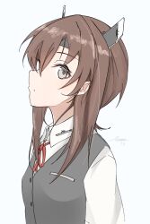 1girl brown_eyes brown_hair collared_shirt cosplay from_side grey_vest headgear highres kantai_collection lesoa looking_at_viewer looking_to_the_side neck_ribbon red_ribbon ribbon shiranui_(kancolle) shiranui_(kancolle)_(cosplay) shirt short_hair simple_background solo taihou_(kancolle) vest white_background white_shirt