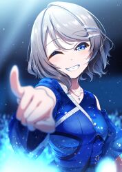 Rule 34 | 1girl, amagi (volfuji), aqours finale lovelive! ~eikyuu stage~, belt buckle, blue background, blue eyes, blush, breasts, brown hair, buckle, clenched hand, dark background, dot nose, dress, earrings, gem, glitter, grey hair, hair ornament, hairclip, hand up, head tilt, highres, idol, idol clothes, jewelry, light particles, looking at viewer, loose clothes, loose dress, love live!, love live! sunshine!!, necklace, one eye closed, pointing, raised fist, short hair, silver necklace, silver trim, simple background, single bare shoulder, single earring, skirt, smile, solo, star (symbol), teeth, upper body, watanabe you, wavy hair
