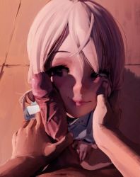 1boy 1girl blonde_hair censored closed_mouth day decensored diathorn eila_ilmatar_juutilainen erection face_hold facejob from_above hand_on_another&#039;s_head hetero highres imminent_fellatio kneeling lips long_hair looking_at_penis looking_to_the_side mosaic_censoring outdoors pale_skin pavement penis penis_on_face pov pov_crotch pov_hands purple_eyes smile solo_focus strike_witches third-party_edit veins veiny_penis world_witches_series