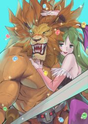 1boy 1girl abs absurdres animal_ears animal_print aqua_background bad_anatomy barbarian bare_back bare_shoulders bat_print bat_wings bengus blue_background brown_fur capcom_fighting_collection chest_hair cowboy_shot darkstalkers demon_girl fangs furry furry_male gem green_eyes green_hair hand_on_another&#039;s_chin hand_on_another&#039;s_head highres holding holding_sword holding_weapon leo_(warzard) lion lion_ears lion_hair looking_at_another morrigan_aensland muscular muscular_male non-web_source open_mouth pantyhose petting print_pantyhose purple_pantyhose size_difference smile snout sword teeth tongue upper_teeth_only warzard weapon wings yellow_eyes