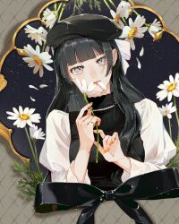 1girl absurdres beret black_bow black_hair black_hat blunt_bangs bow chrysanthemum closed_mouth eyelashes falling_petals fingernails flower gem grey_eyes hat highres holding holding_flower jewelry leaf lips long_hair long_sleeves looking_at_viewer nail_polish orange_nails original pearl_(gemstone) petal_in_mouth petals ring sandone333 solo upper_body white_flower white_petals