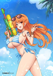 1girl :d arm_tattoo bikini blue_bikini blue_sky bracelet breasts cloud commission day eyewear_on_head floating_hair hand_up holding holding_water_gun huge_breasts jewelry long_hair nami_(one_piece) navel one_piece open_mouth orange_hair outdoors side-tie_bikini_bottom sky smile solo stomach striped_bikini striped_clothes sunglasses swimsuit tattoo very_long_hair virus-g w water_gun