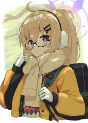 1girl absurdres ahoge argyle_clothes argyle_sweater backpack bag black-framed_eyewear black_bag black_sweater blonde_hair blue_archive blush brown_scarf brown_sweater cropped_torso earmuffs glasses gloves halo hands_up highres holding_strap jacket kotama_(blue_archive) kotama_(camp)_(blue_archive) long_hair long_sleeves looking_at_viewer multicolored_sweater official_alternate_costume open_clothes open_jacket osmium-76 parted_lips ponytail puffy_long_sleeves puffy_sleeves purple_eyes purple_halo red_sweater scarf semi-rimless_eyewear solo sweater teeth under-rim_eyewear white_gloves yellow_jacket