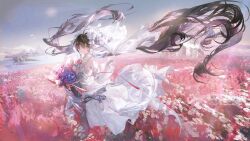 black_hair bridal_veil dress flower highres holding holding_flower long_hair lucia_(pgr) punishing:_gray_raven twintails veil wedding_dress white_veil
