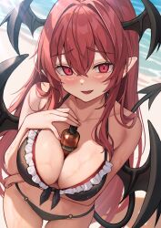 1girl :d alternate_costume arm_under_breasts bat_wings beach between_breasts bikini black_bikini black_wings blush bottle breasts collarbone commentary_request cowboy_shot day demon_tail double-parted_bangs frilled_bikini frills hair_between_eyes head_wings highres koakuma large_breasts long_hair looking_at_viewer o-ring o-ring_bottom ocean open_mouth outdoors paid_reward_available pointy_ears red_eyes red_hair smile solo sunlight swimsuit tail touhou very_long_hair wet wings wowoguni
