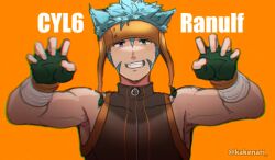 1boy animal_ears blue_hair cat_boy cat_ears claw_pose commentary_request fingerless_gloves fire_emblem fire_emblem:_path_of_radiance fire_emblem:_radiant_dawn fire_emblem_heroes gloves green_eyes heterochromia kakenari male_focus nintendo orange_background purple_eyes short_hair sleeveless solo teeth twitter_username upper_body