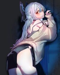 1girl alternate_costume ass black_dress blue_archive blue_stripes cosplay dress from_side girls&#039;_frontline grey_jacket hair_ribbon highres jacket kayoko_(blue_archive) kayoko_(blue_archive)_(cosplay) kayoko_(dress)_(blue_archive) long_hair looking_at_viewer lotan red_eyes ribbon solo strap_slip studded_choker tokarev_(girls&#039;_frontline) white_hair