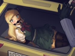 1girl 1other absurdres arms_behind_back ball_gag bdsm black_gloves blonde_hair bondage bound bow cad_(caddo) car_trunk commentary commission danganronpa_(series) danganronpa_2:_goodbye_despair dress english_commentary gag gagged gloves hair_bow highres in_trunk kidnapping long_hair long_sleeves looking_at_viewer pixiv_commission pov scared second-party_source short_sleeves sonia_nevermind sweatdrop thighhighs