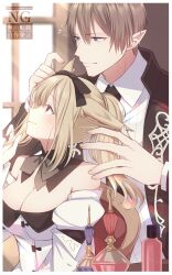 Rule 34 | 1boy, 1girl, absurdres, animal ears, ayamisiro, bare shoulders, black eyes, black jacket, black necktie, bottle, bow, breasts, brown hair, cat ears, cat girl, cleavage, detached collar, elezen, elf, final fantasy, final fantasy xiv, hair bow, highres, jacket, miqo&#039;te, musical note, necktie, off-shoulder shirt, off shoulder, pointy ears, ponytail, red eyes, shirt, warrior of light (ff14), white shirt