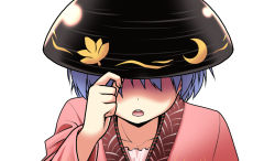 1girl bowl bowl_hat female_focus hat japanese_clothes kimono open_mouth purple_hair satou_yuuki short_hair solo sukuna_shinmyoumaru touhou