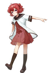 1girl absurdres ahoge akaza_akari brown_sailor_collar brown_shoes brown_socks buttons double_bun dress hair_bun hair_ornament highres invisible_floor keibi_inu leg_up loafers looking_at_viewer nanamori_school_uniform outstretched_arm pleated_dress purple_eyes red_dress red_hair sailor_collar sailor_shirt school_uniform shirt shoes short_dress short_hair short_sleeves simple_background socks solo standing thighhighs twintails two_side_up white_background white_shirt yuruyuri