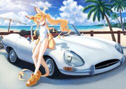 Rule 34 | 1girl, above-cleavage cutout, animal ear fluff, animal ears, asama fumi, beach, bird ornament, blonde hair, blue archive, blue sky, breasts, building, car, clothing cutout, cloud, commentary, day, diamond cutout, fox ears, fox girl, full body, halo, head tilt, highleg, highleg one-piece swimsuit, highres, horizon, jacket, jaguar (car), jaguar e-type, leaning on object, lighthouse, long hair, looking at viewer, motor vehicle, ocean, official alternate hairstyle, one-piece swimsuit, orange-tinted eyewear, outdoors, palm tree, parasol, railing, sandals, seia (blue archive), seia (swimsuit) (blue archive), side ponytail, sky, skyscraper, small breasts, solo, sunglasses, swimsuit, tail, tail ornament, tinted eyewear, tree, umbrella, vehicle focus, vintage car, visor cap, white car, white one-piece swimsuit, yellow halo, yellow jacket, yellow sandals, yellow visor