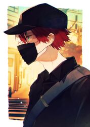 Rule 34 | 1boy, adam&#039;s apple, baseball cap, black hat, black mask, black shirt, blue eyes, boku no hero academia, border, building, burn scar, collared shirt, commentary, crosswalk, english commentary, from side, hat, highres, looking ahead, male focus, mask, mouth mask, multicolored hair, outdoors, outside border, profile, red hair, ryo (piggerworld), scar, scar on face, shirt, short hair, solo, sparkle, split-color hair, todoroki shoto, upper body, utility pole, white border, white hair, wing collar